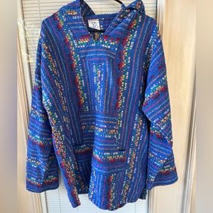 Mexican Baja Hoodie Unisex XL Blue Multicolor woven Sweater Poncho